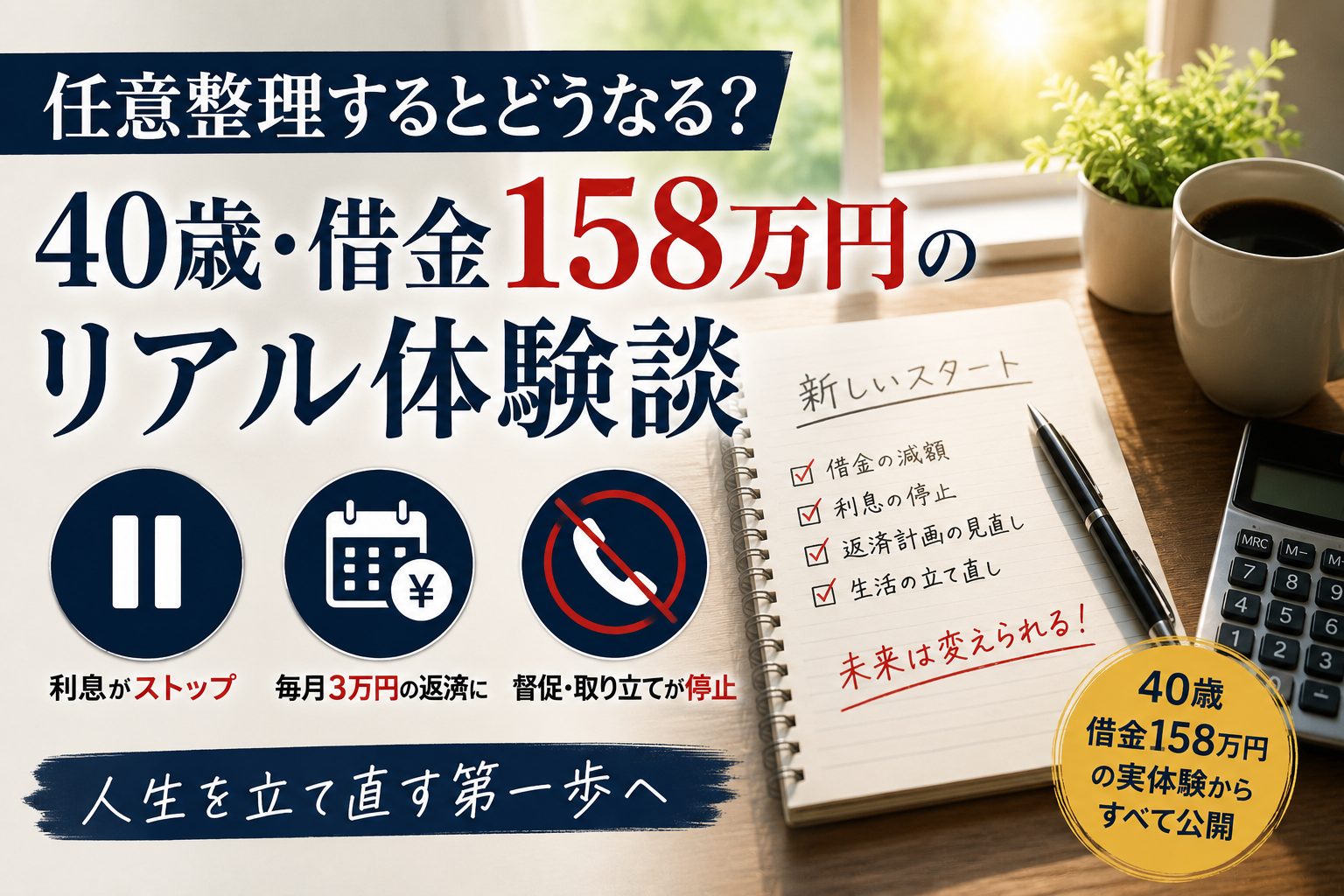 任意整理後に利息停止や毎月3万円の返済、督促停止など生活の変化を40歳・借金158万円の実体験で解説するアイキャッチ画像。