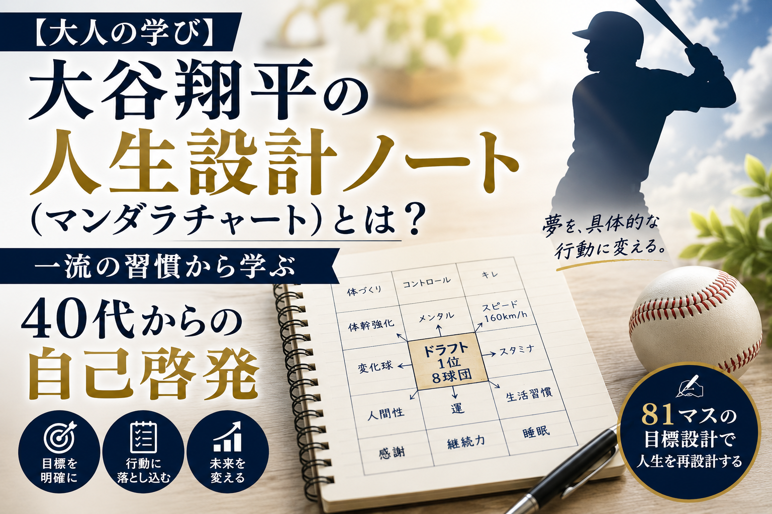 大谷翔平の人生設計ノート（マンダラチャート）をテーマにしたアイキャッチ画像。81マスの目標設計と40代からの自己啓発を表現。